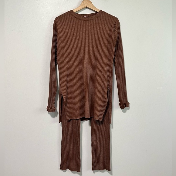 Moda Asya Brown Ribbed Knit Two-Piece Lounge Set Women’s Size Medium - Picture 14 of 14